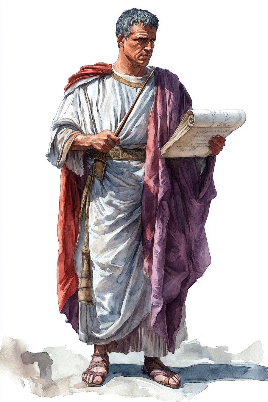 Cidadão romano sério em toga roxa lendo pergaminho com estilete