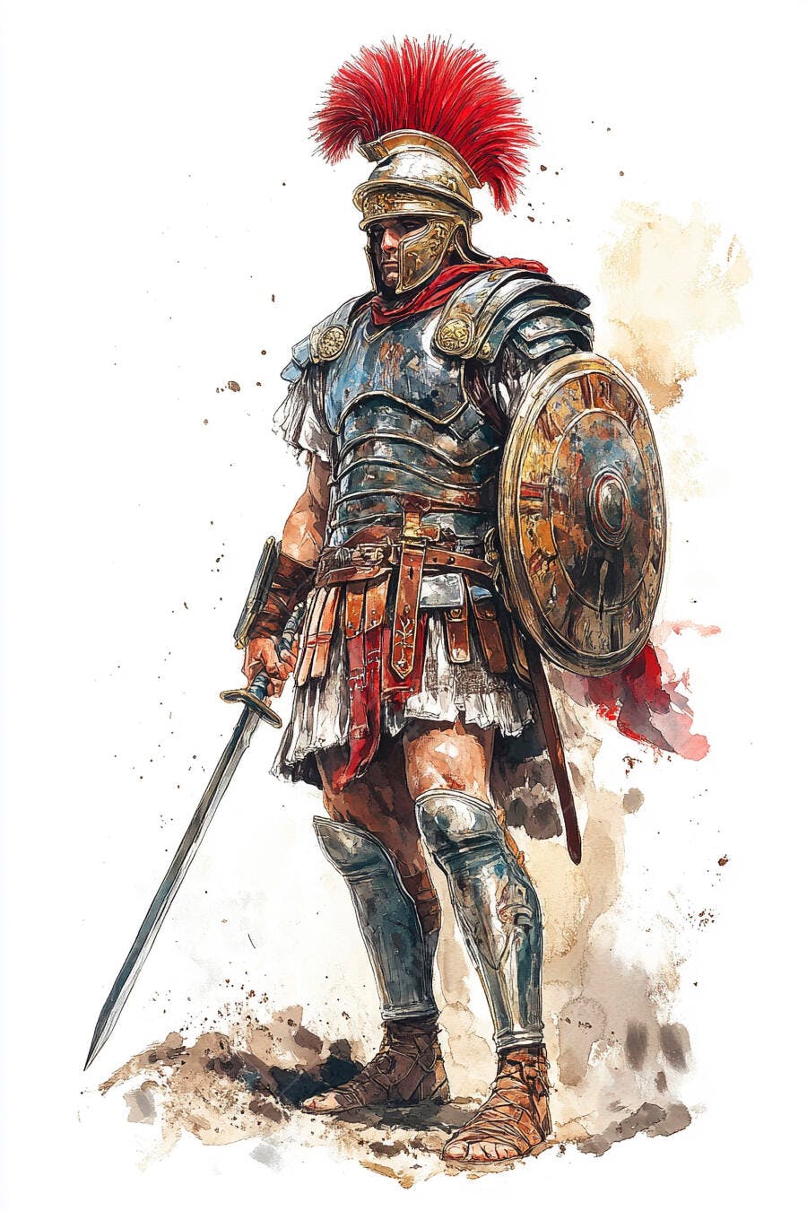 Centurião romano em armadura dourada e vermelha com escudo e gladius