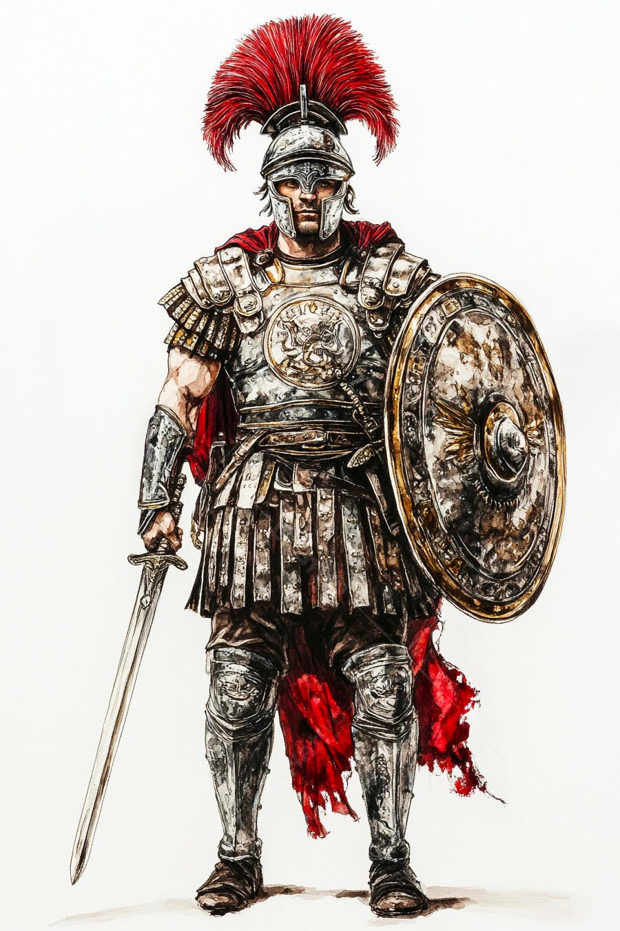 Soldado romano empunhando espada e escudo com armadura e elmo vermelho