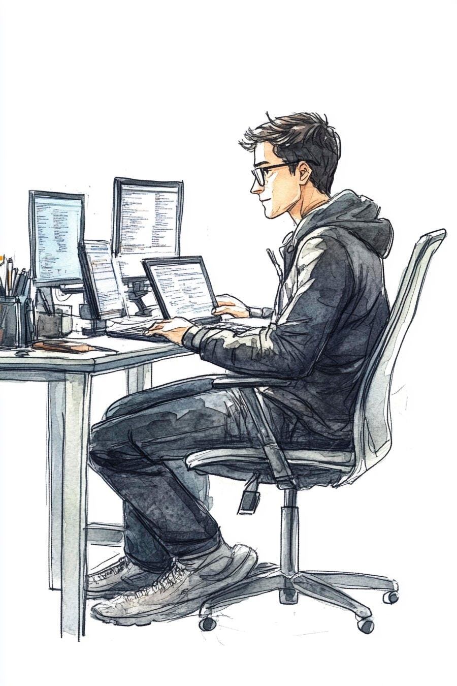Homem profissional de TI jovem usando laptop e monitores em sua mesa