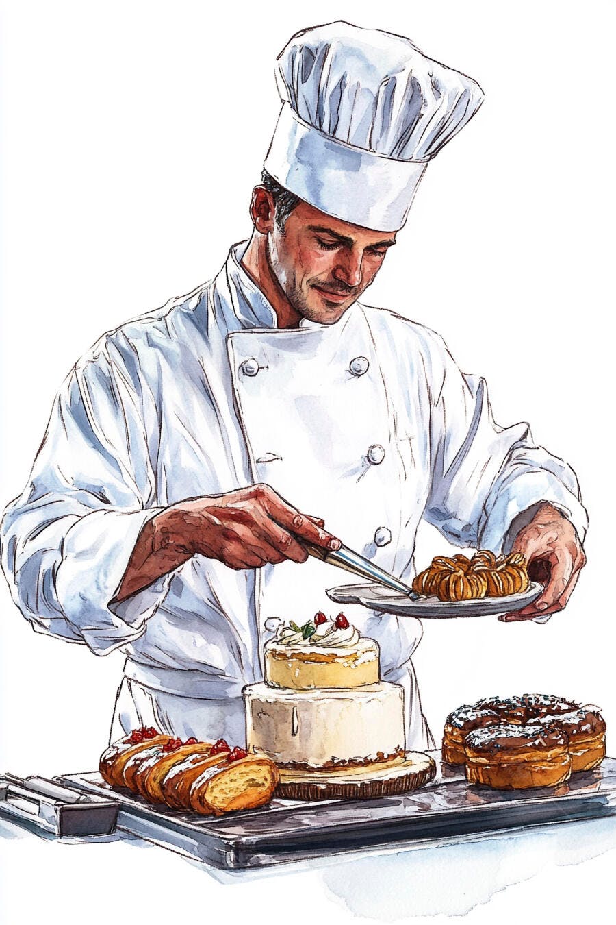Padeiro homem caucasiano decorando bolo branco e doces com frutas vermelhas