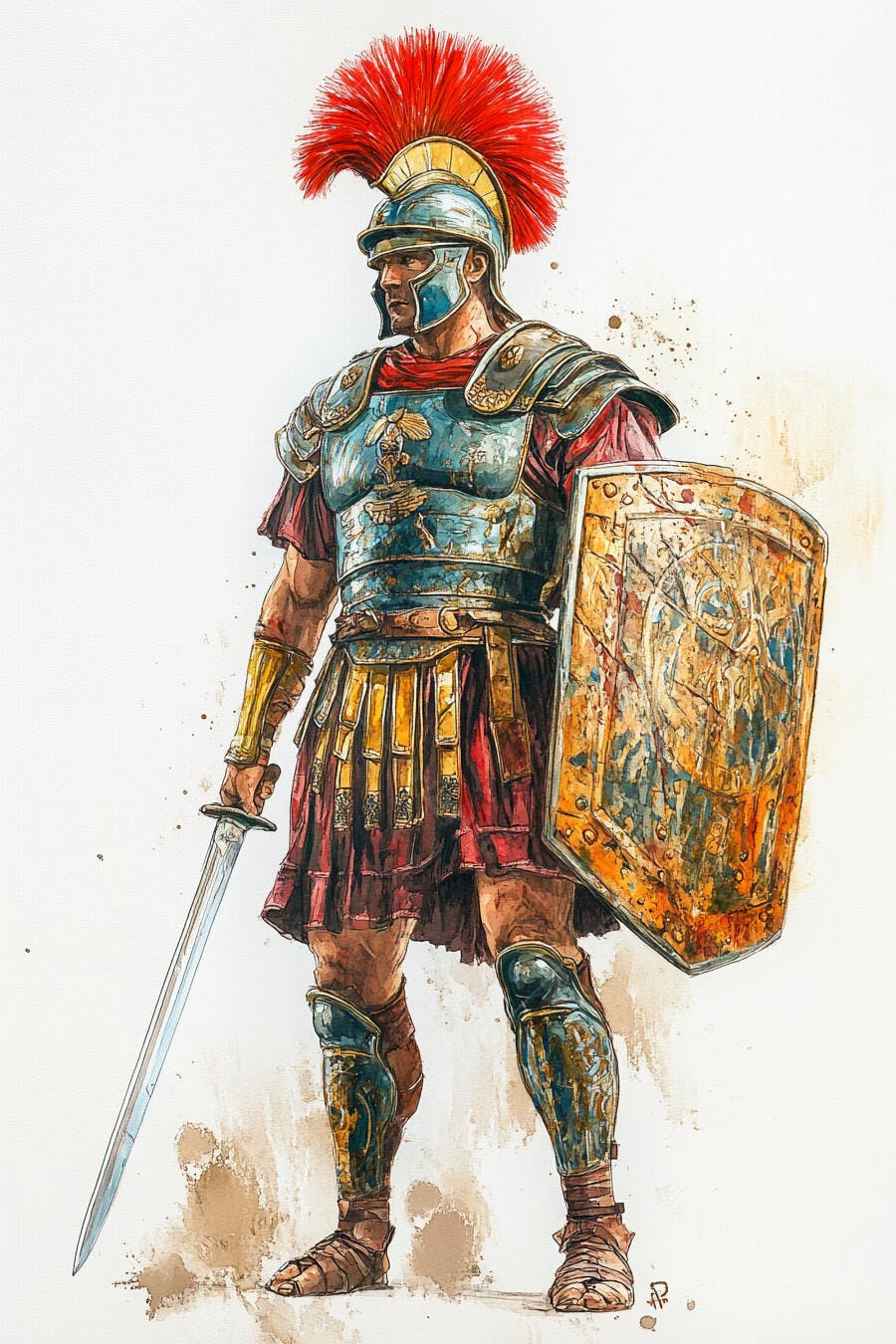 Soldado romano em armadura azul e vermelha com espada e escudo estilo aquarela