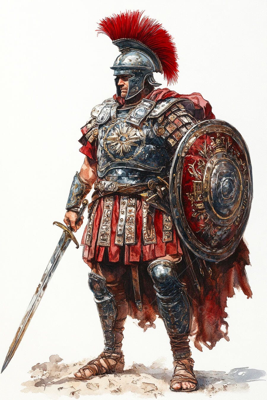 Militar romano com armadura e escudo vermelho em estilo aquarela