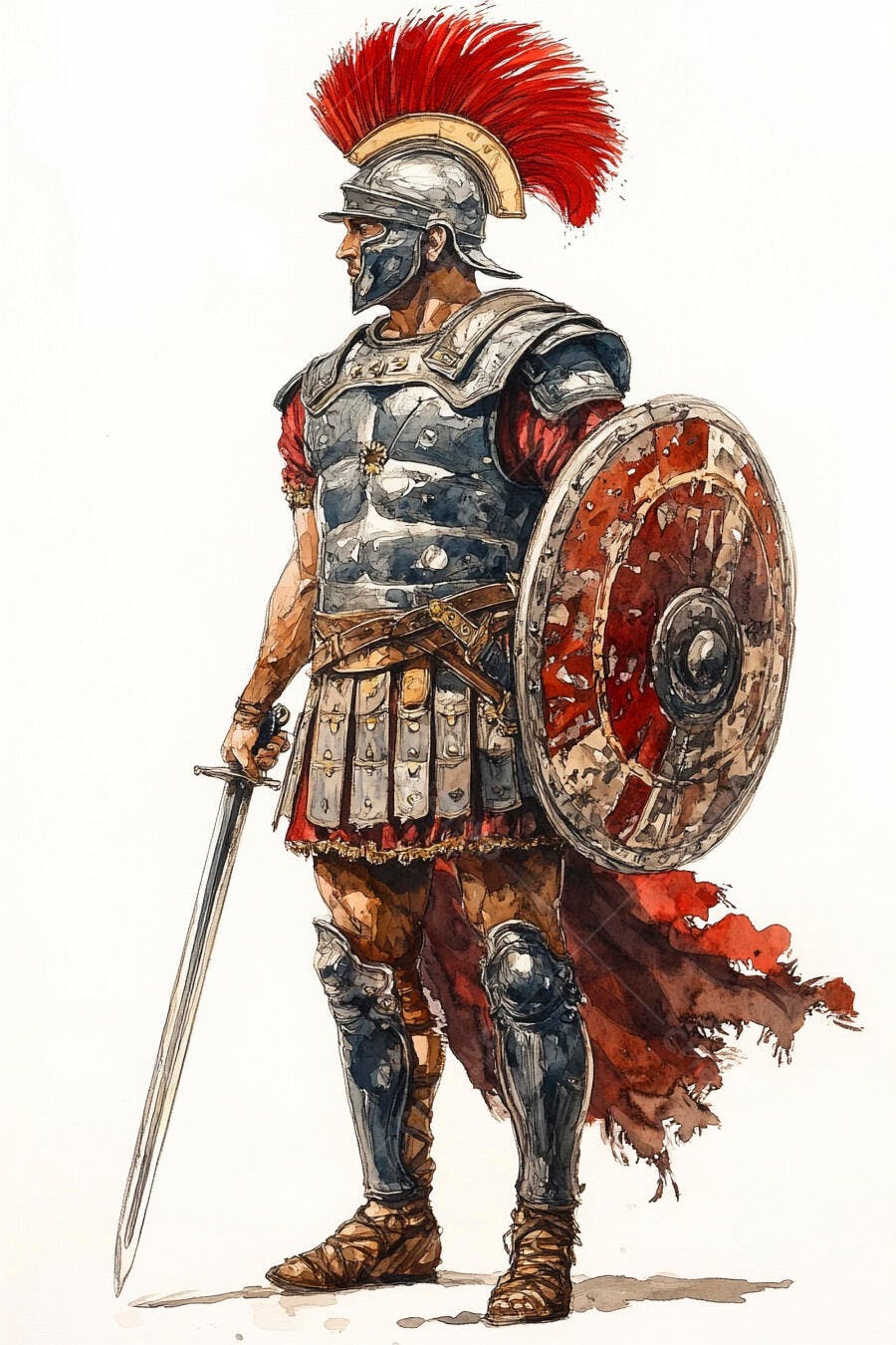 Soldado romano antigo em armadura com capacete vermelho espada e escudo