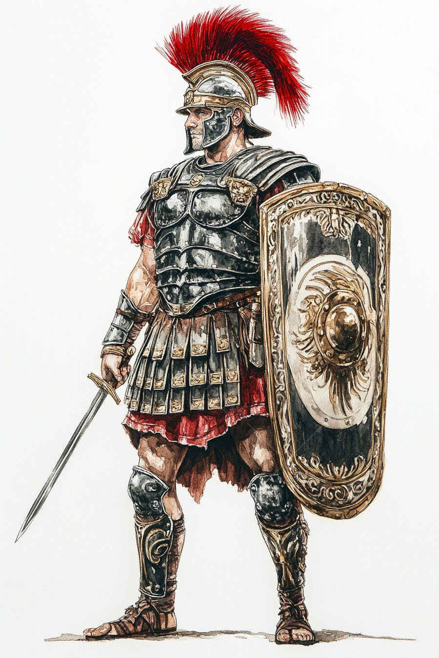 Soldado romano centurião com armadura e escudo vermelho em aquarela