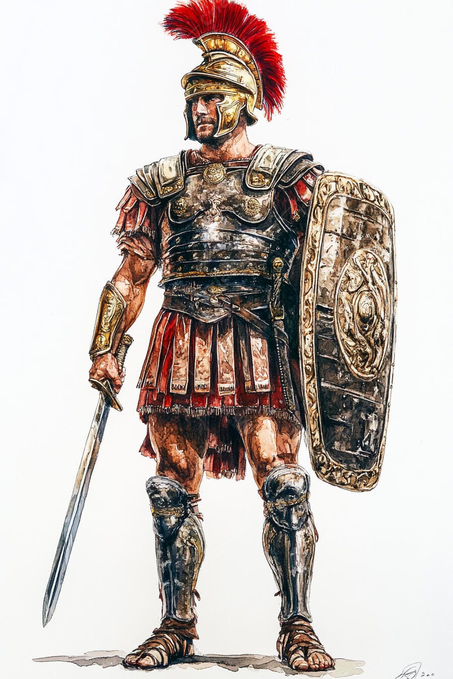 Soldado Romano em armadura dourada com espada e escudo