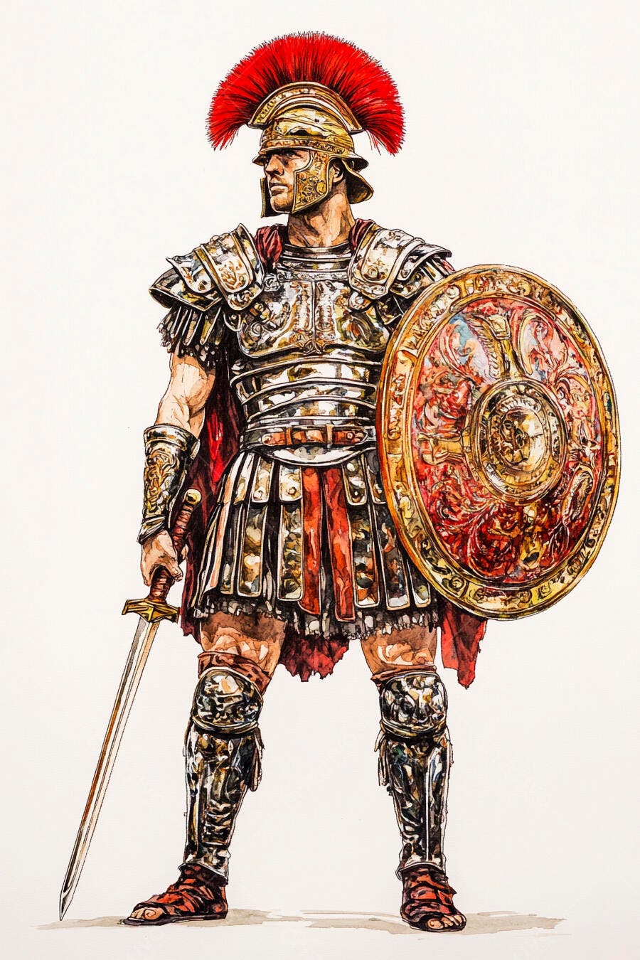 Guerreiro romano com armadura dourada e escudo ricamente decorado em aquarela