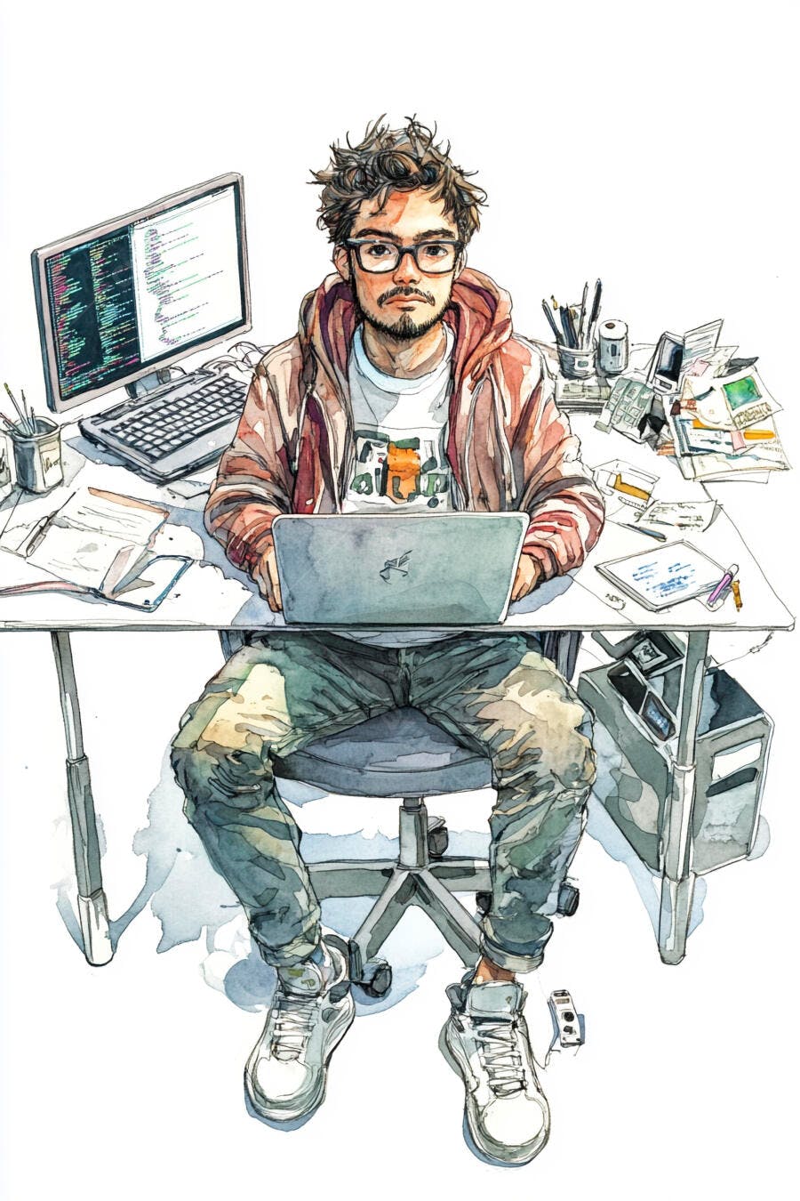 Programador homem caucasiano de óculos e moletom trabalhando em laptop