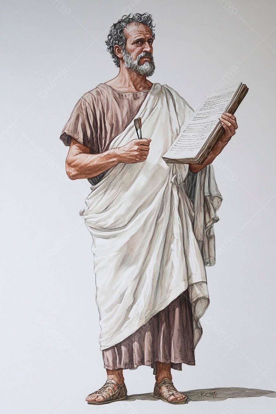 Filósofo grego barbudo com toga branca lendo livro antigo com estilete