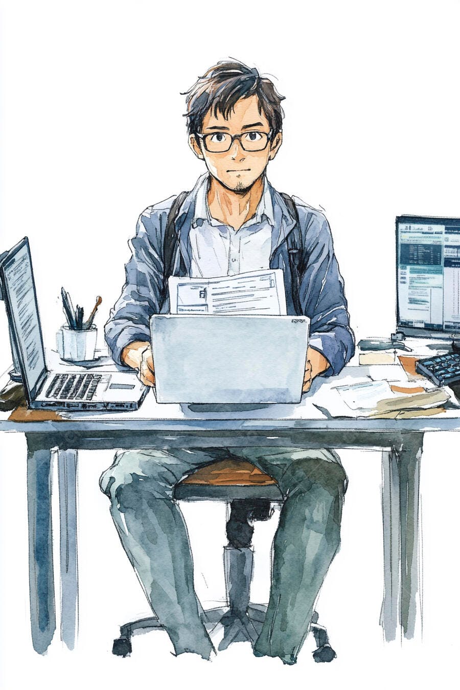 Jovem asiático com óculos trabalhando em laptop no escritório ilustrado
