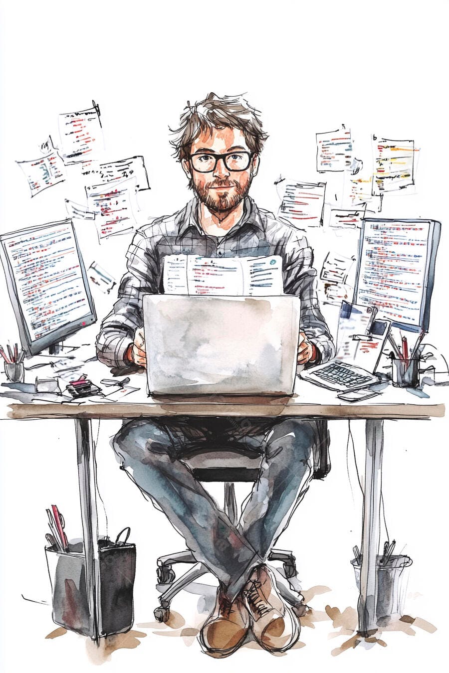 Homem programador com óculos trabalhando em mesa com laptop e monitores ilustração