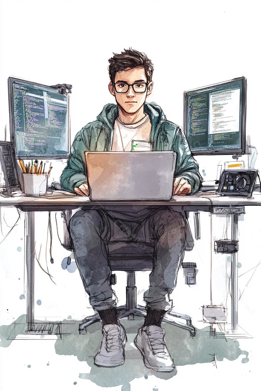 Programador asiático de óculos em mesa com múltiplos monitores e laptop