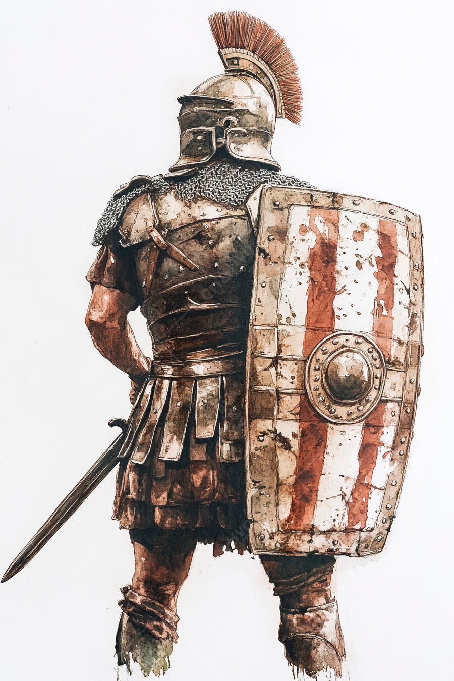 Legionário Romano com escudo e armadura ilustração aquarela sobre fundo branco