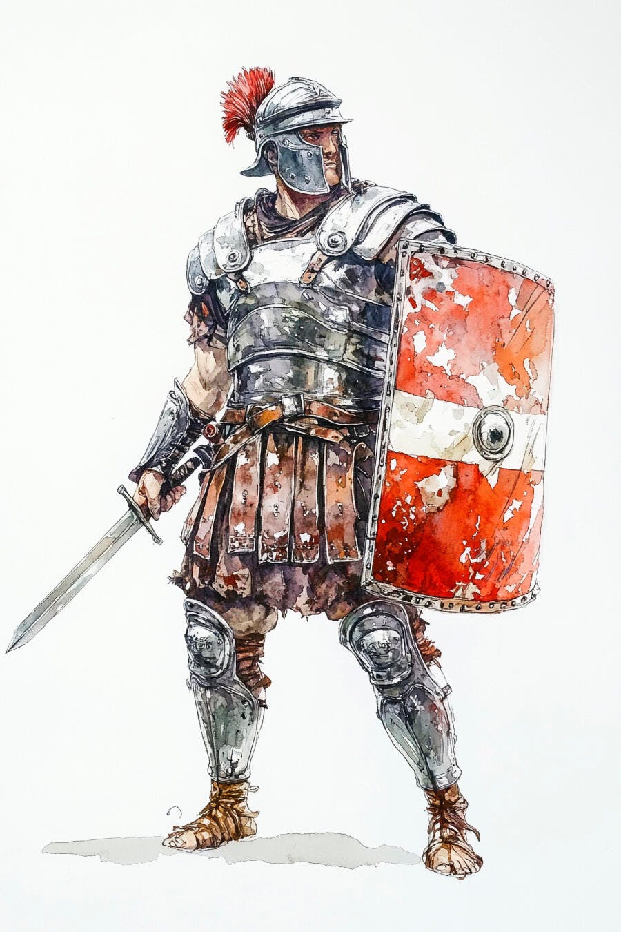 Soldado romano em armadura com escudo em aquarela estilo histórico