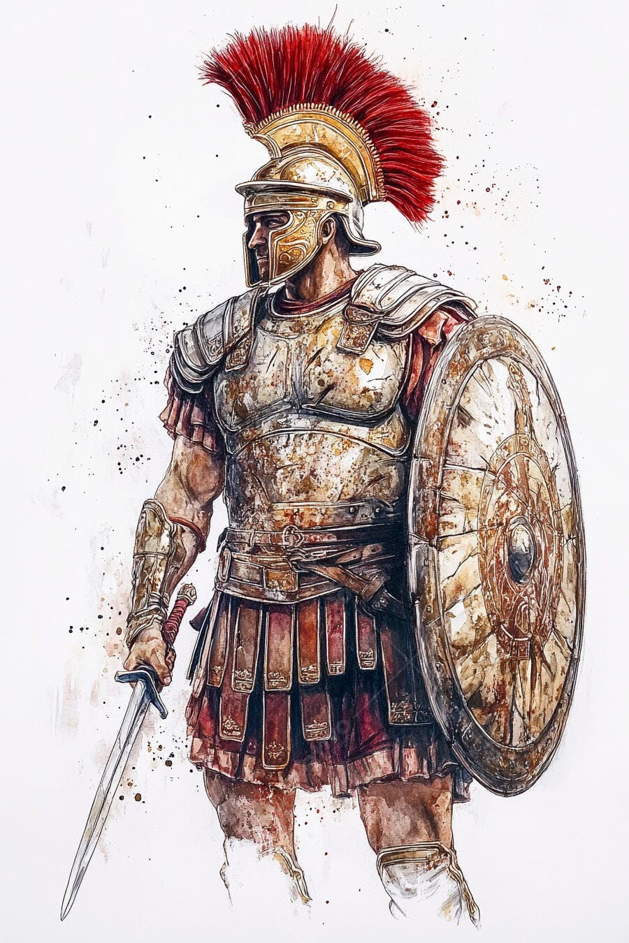 Legionário romano com armadura dourada e elmo de pluma vermelha arte aquarela