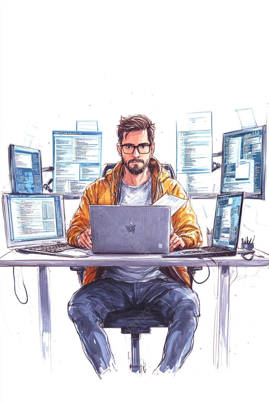 Homem programador barbudo com óculos trabalhando em múltiplos monitores laranja