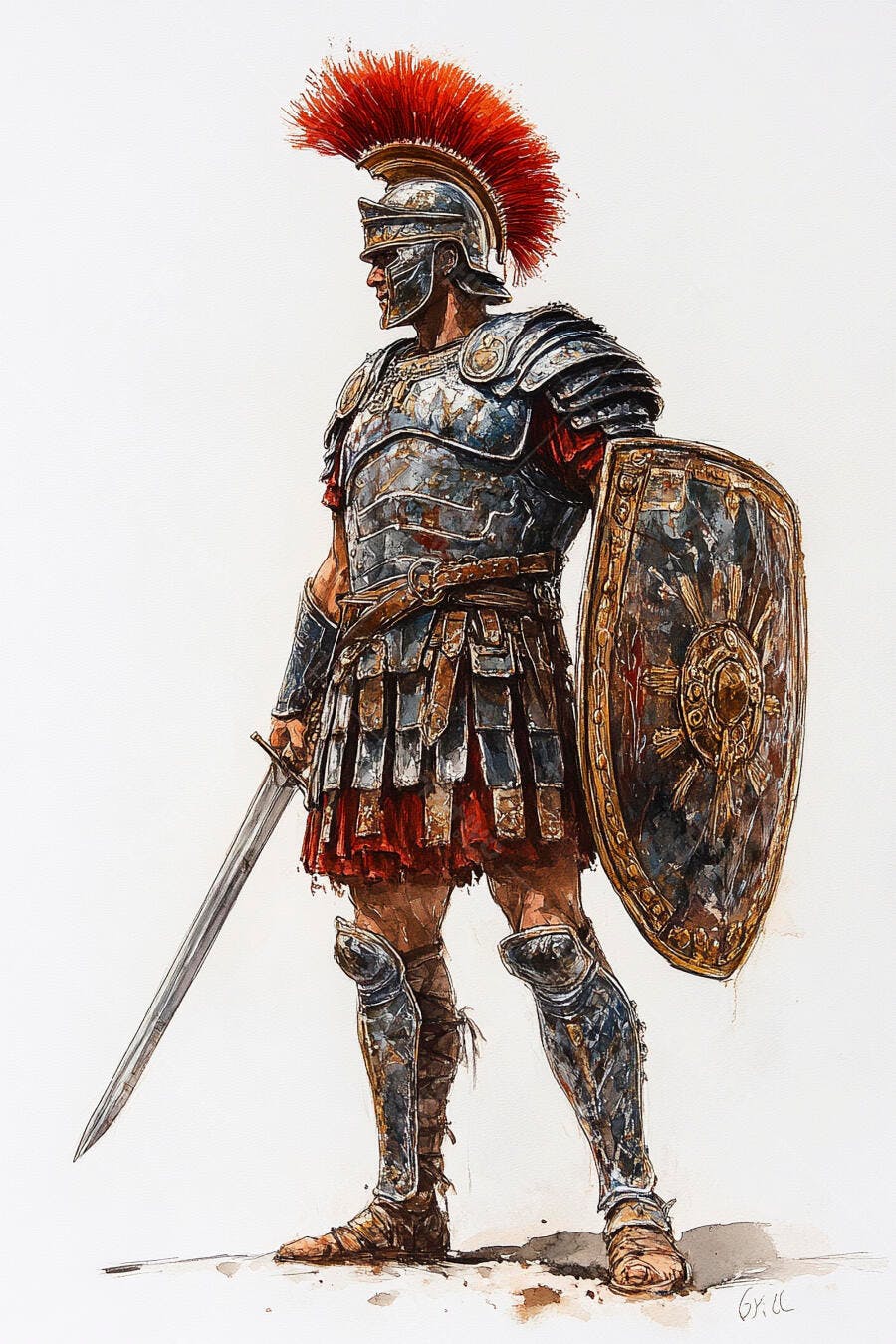 Soldado romano com armadura escudo e espada em estilo aquarela