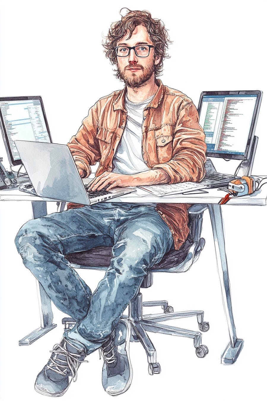 Homem programador de óculos e camisa laranja trabalhando com laptop e monitores