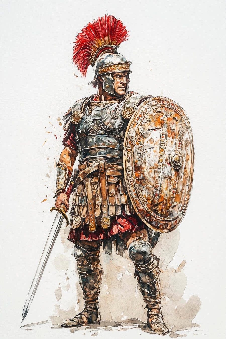 Soldado romano em armadura com pluma vermelha escudo e espada estilo aquarela