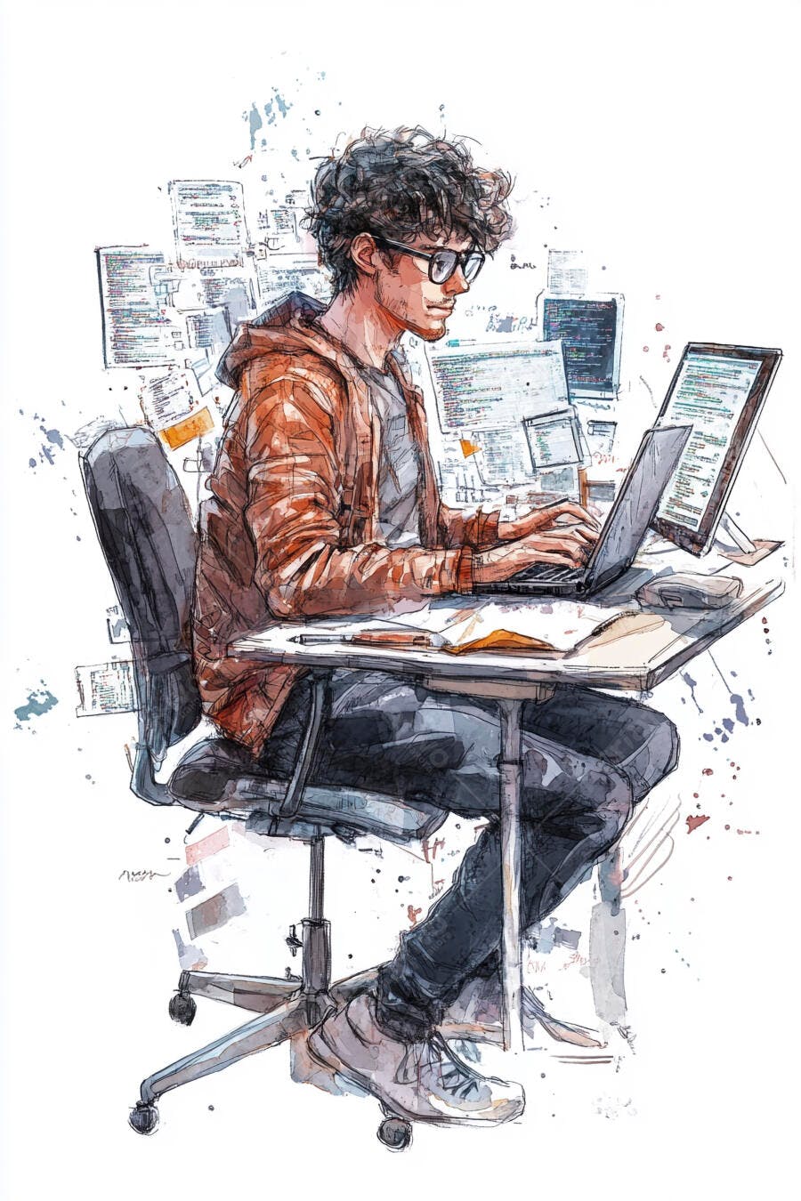 Jovem programador com óculos trabalhando em laptop ilustração digital