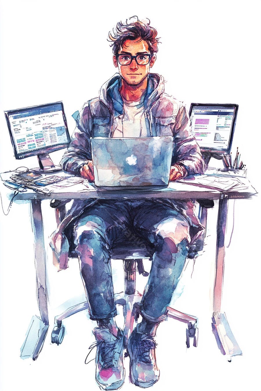 Jovem programador de óculos trabalhando com laptop e monitores aquarela