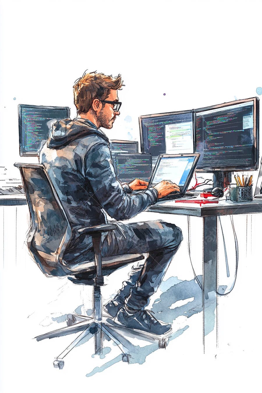 Homem programador barbudo de óculos em hoodie trabalhando no escritório