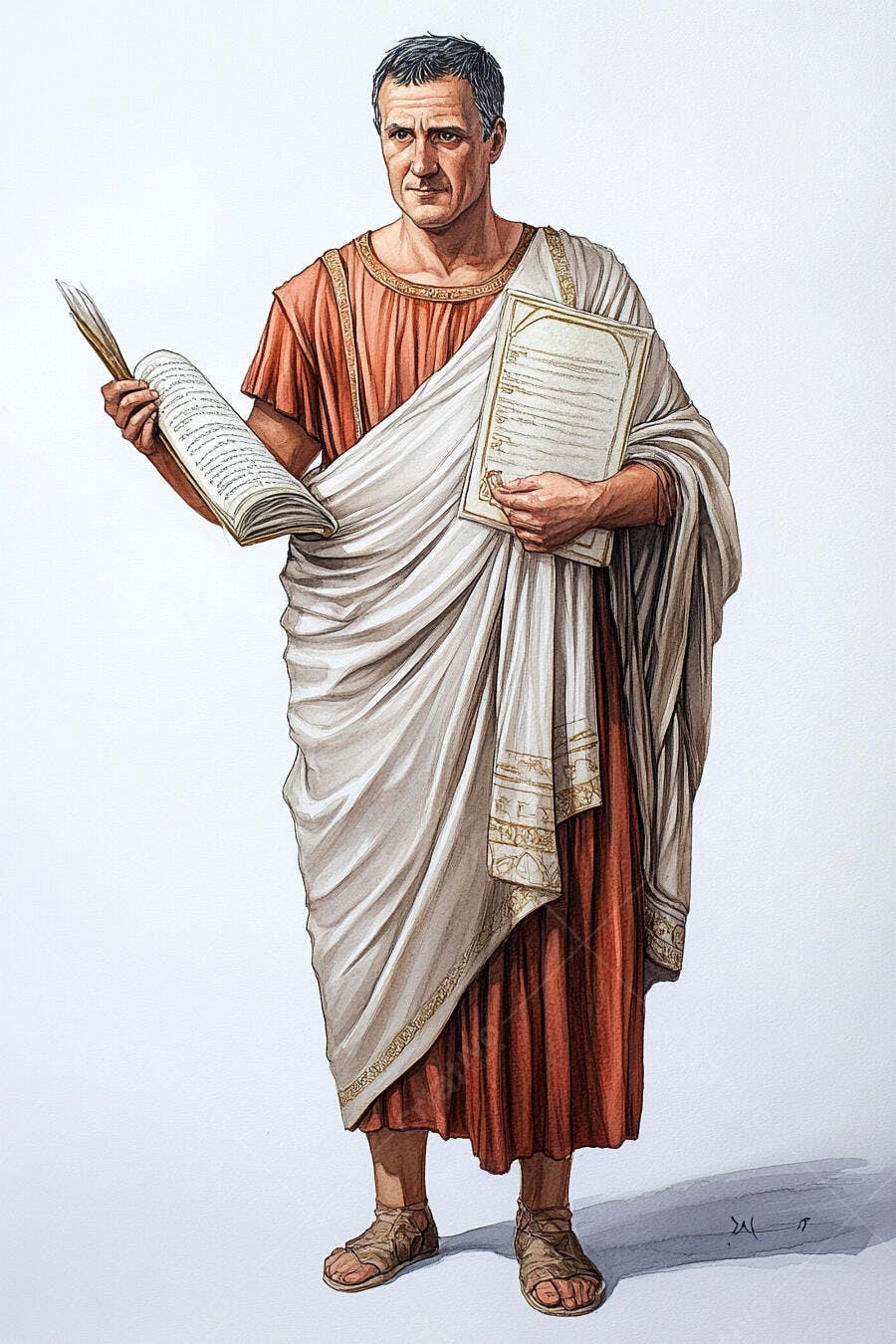 Homem romano em toga cor de terracota lendo livro e segurando pergaminho