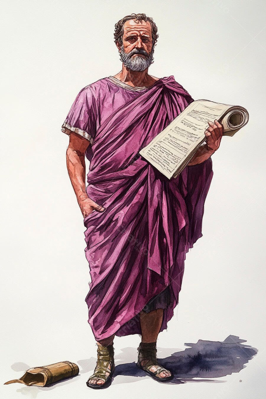 Sábio grego romano de toga púrpura segurando pergaminho antigo em aquarela
