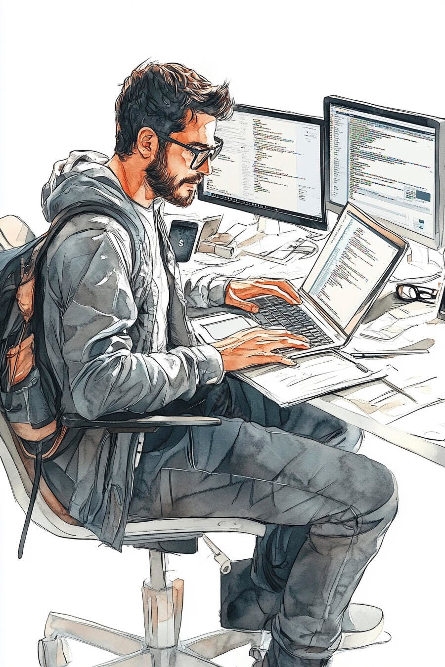 Homem desenvolvedor com barba e óculos digitando em laptop com telas de código