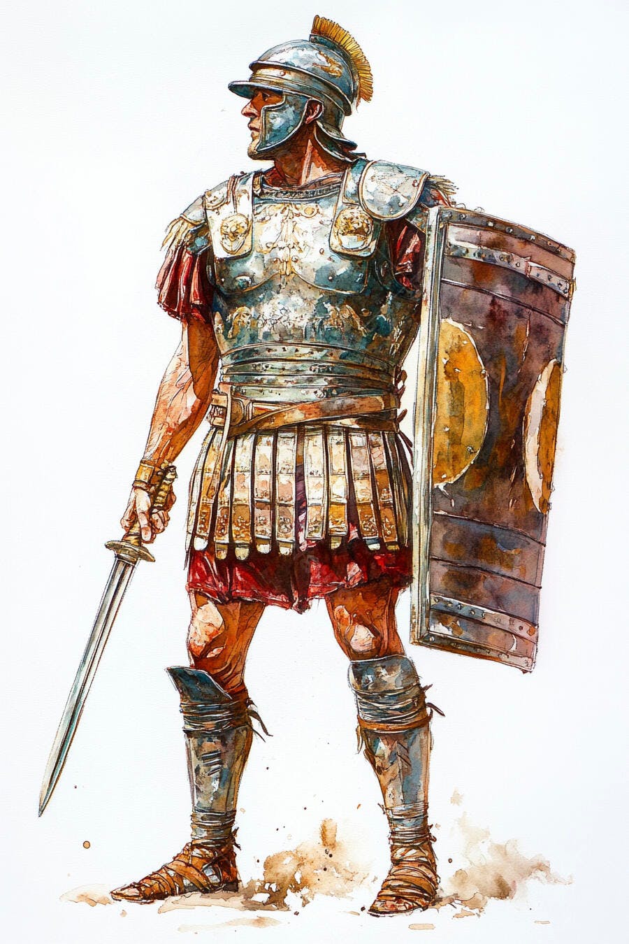 Legionário romano em armadura metálica vermelha e dourada com espada