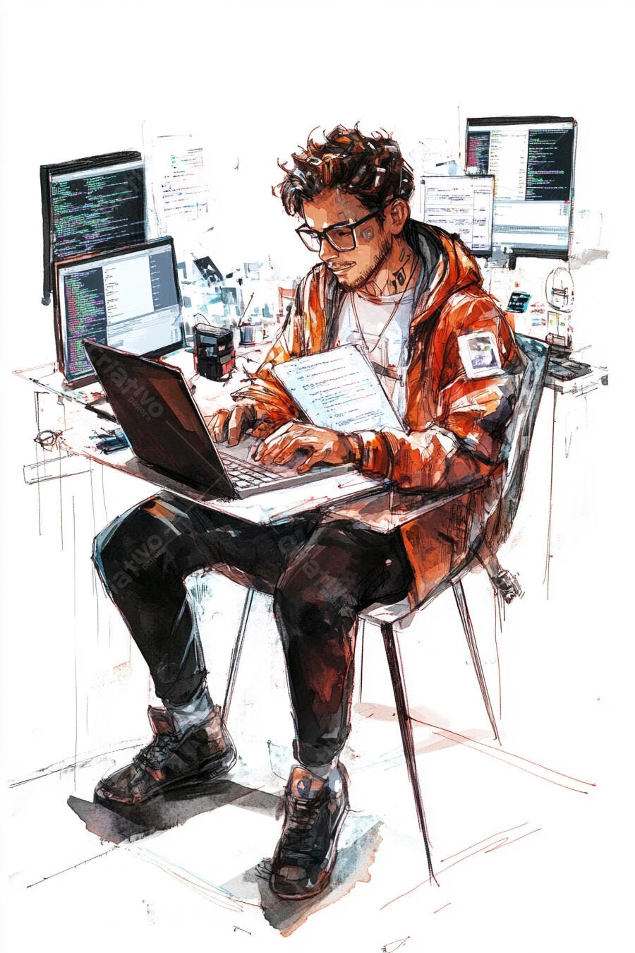 Homem programador focado trabalhando com laptop e telas de código laranja