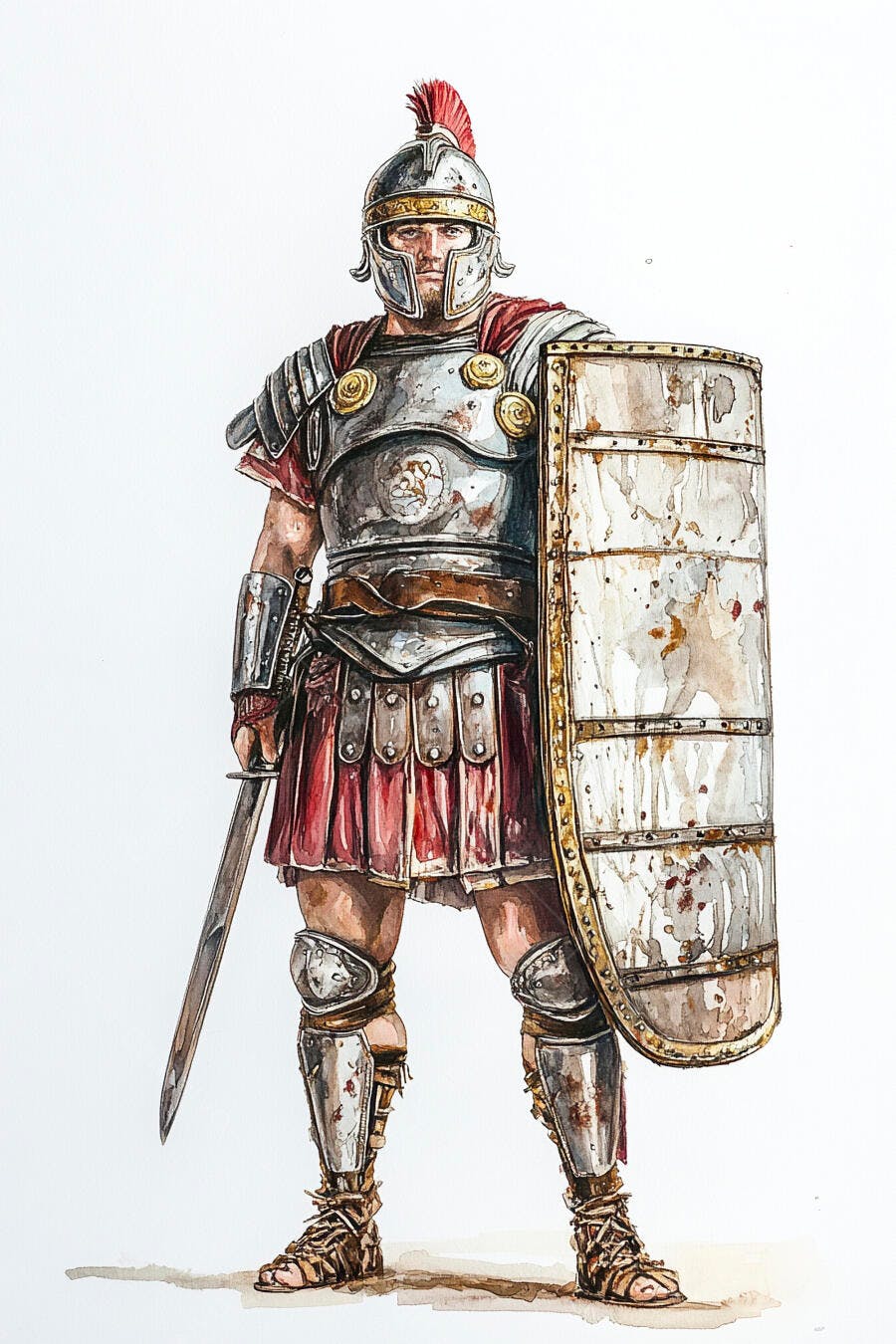 Soldado Romano em armadura prateada e saia vermelha com escudo e espada em aquarela