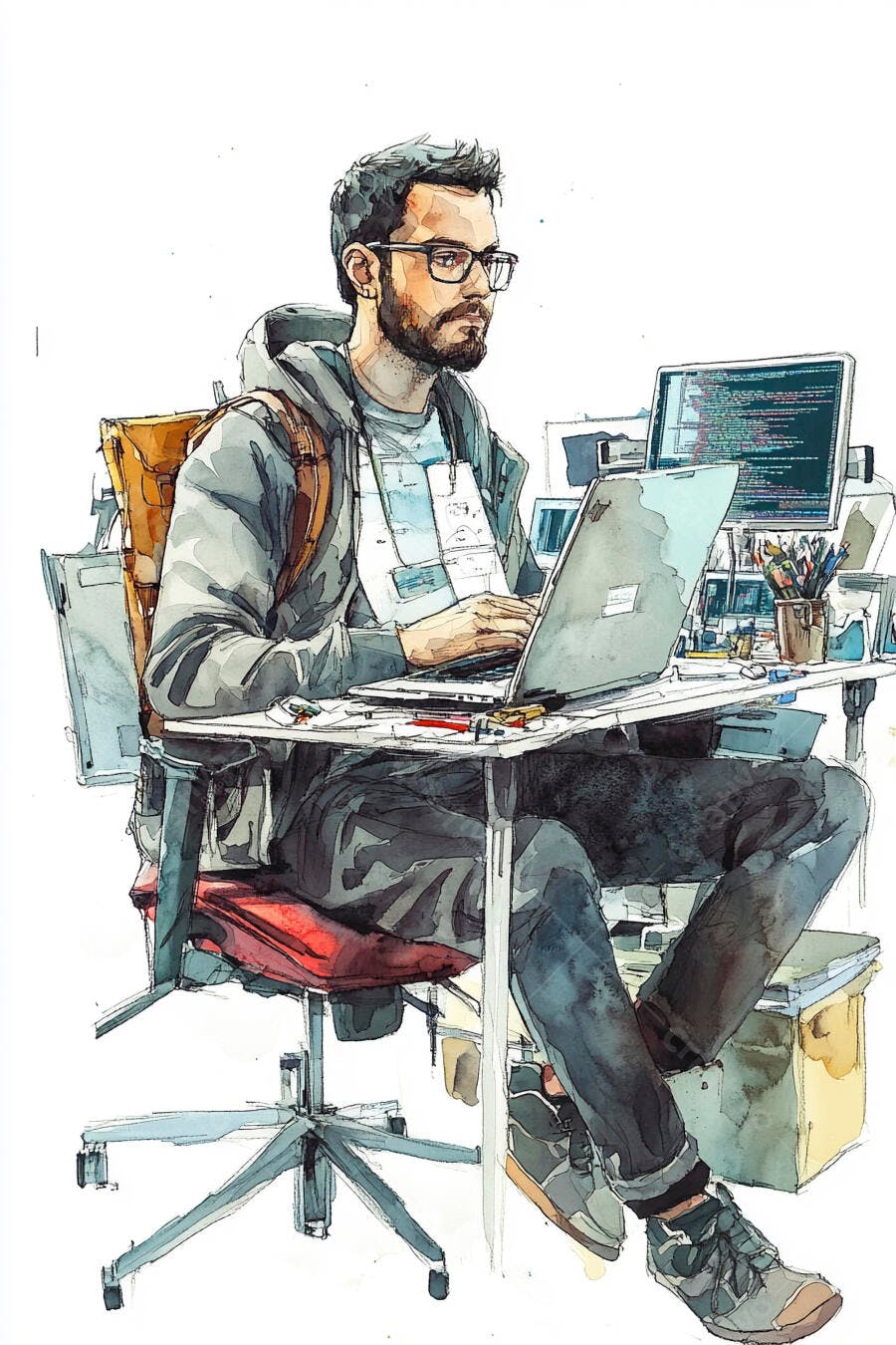 Homem barbudo programador trabalhando em laptop com óculos ilustração digital