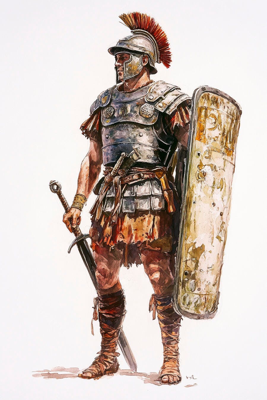 Soldado romano em armadura cinza elmo vermelho com escudo e espada ilustração aquarela