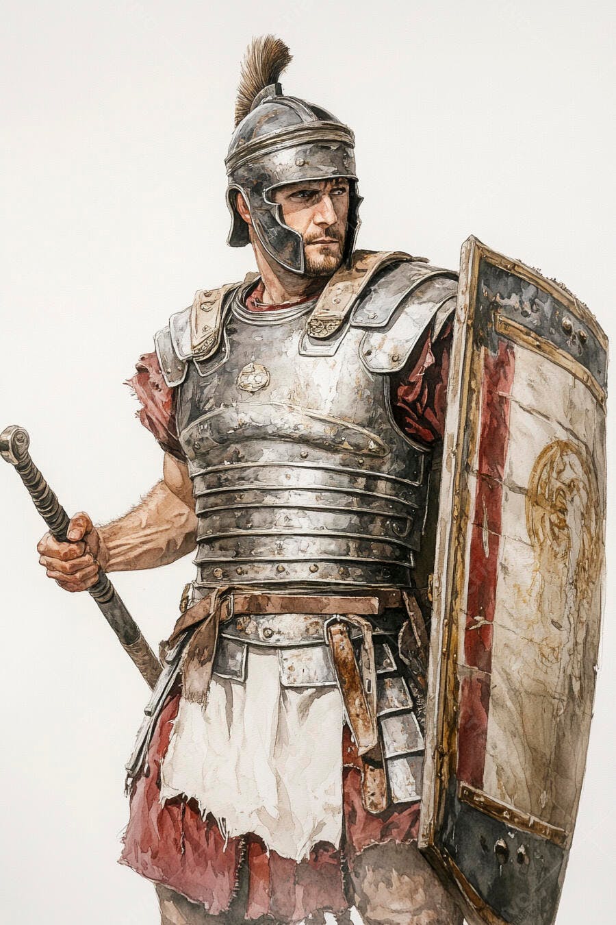 Soldado romano em armadura completa com escudo e pilum olhar determinado fundo branco