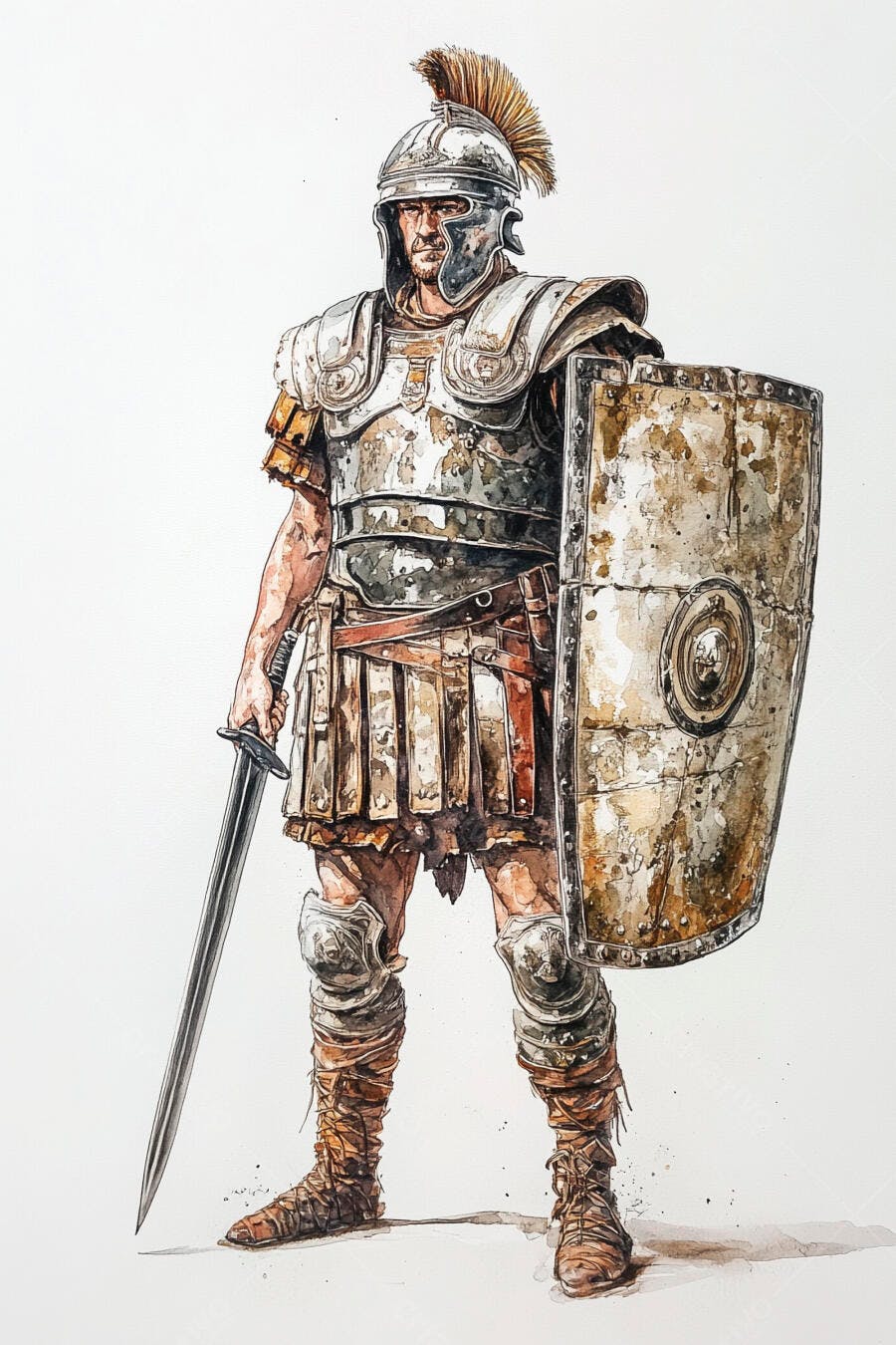 Legionário romano em armadura cinza com espada e escudo em ilustração aquarela