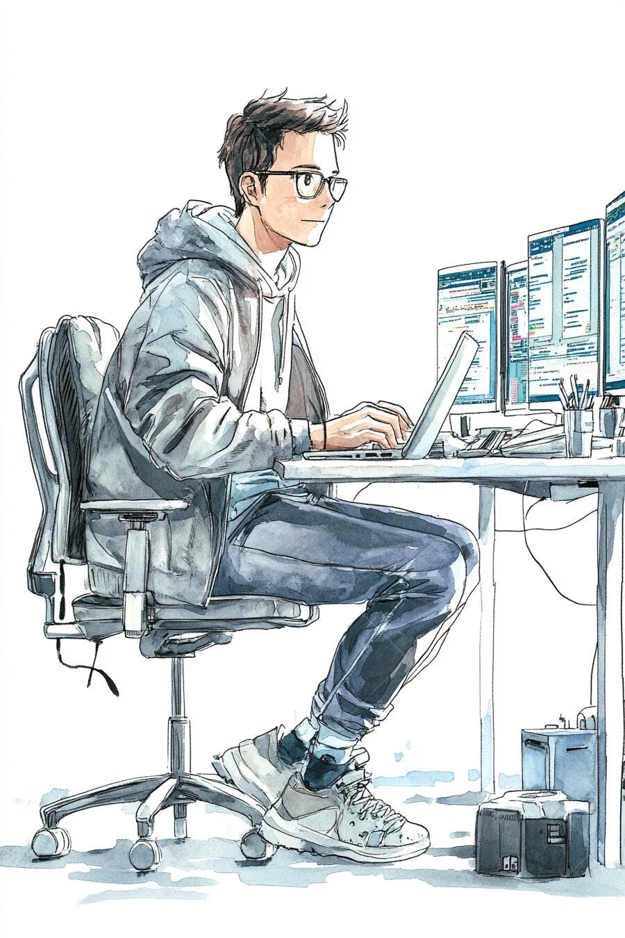Homem jovem programador de óculos trabalhando em laptop e múltiplos monitores