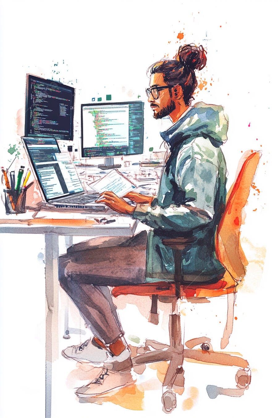 Desenvolvedor barbudo com hoodie verde trabalhando em três telas aquarela