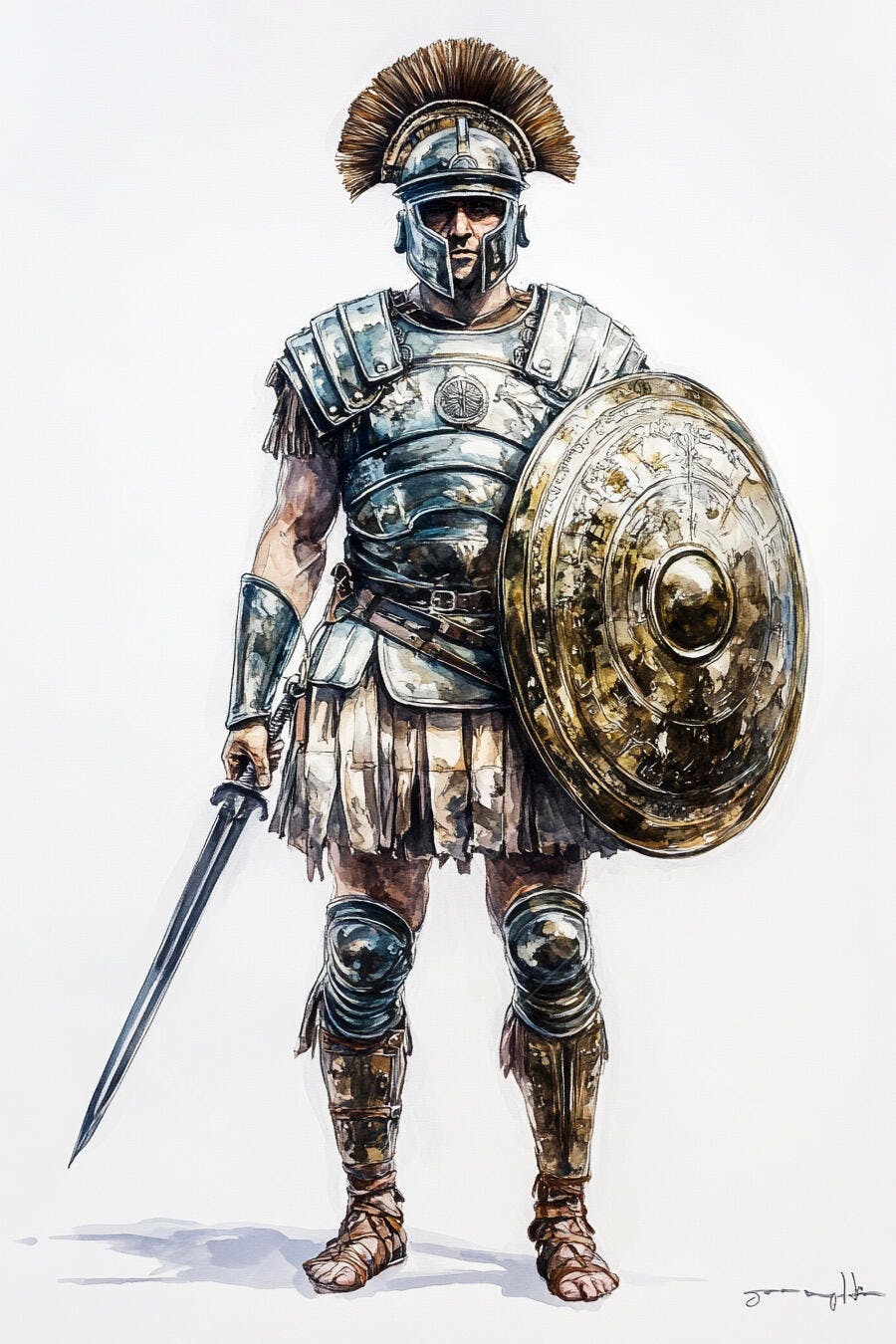 Soldado Romano em armadura completa prateada e dourada com escudo e espada ilustração
