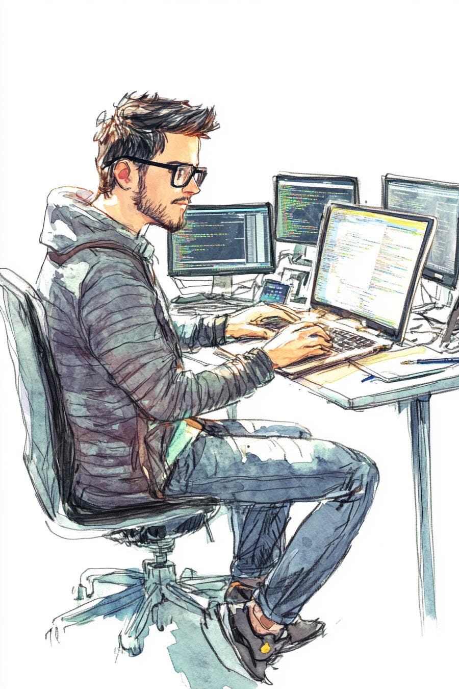 Programador masculino com óculos e barba digitando em várias telas de código