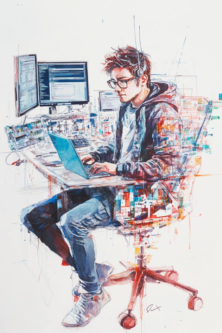 Programador jovem usando laptop em escritório digital com telas coloridas aquarela