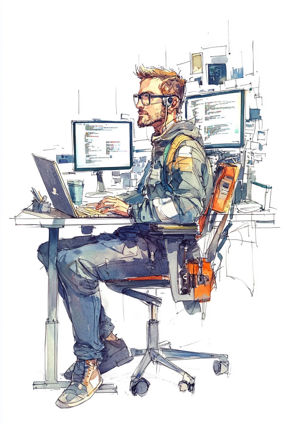 Homem programador de óculos e barba trabalhando em frente a múltiplos monitores com código