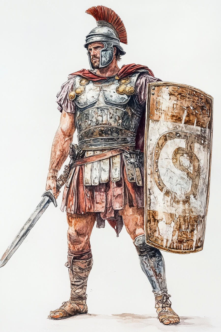 Soldado Legionário Romano com Armadura e Escudo em Ilustração Aquarela