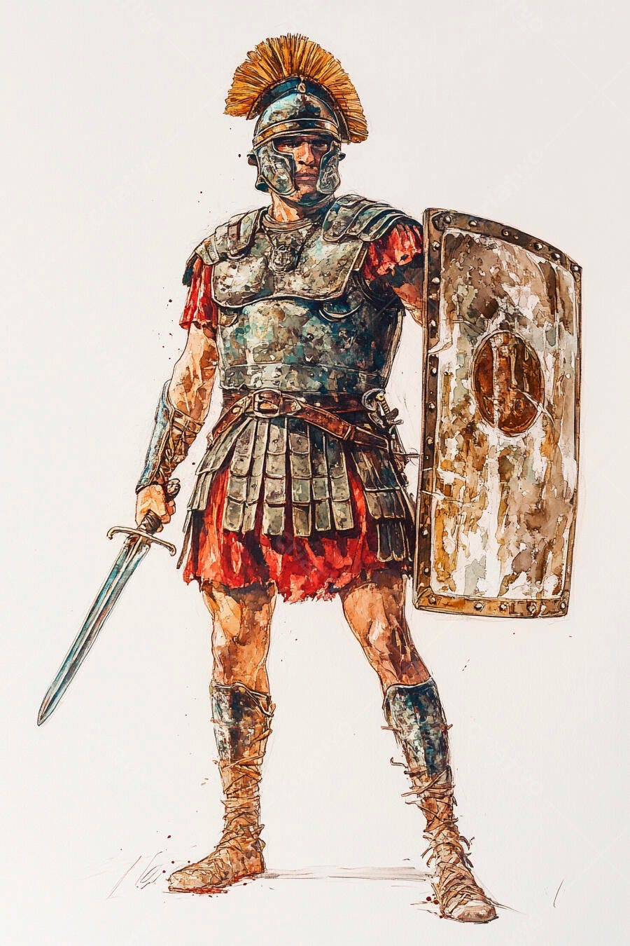 Soldado romano em armadura metálica com escudo e espada em fundo branco