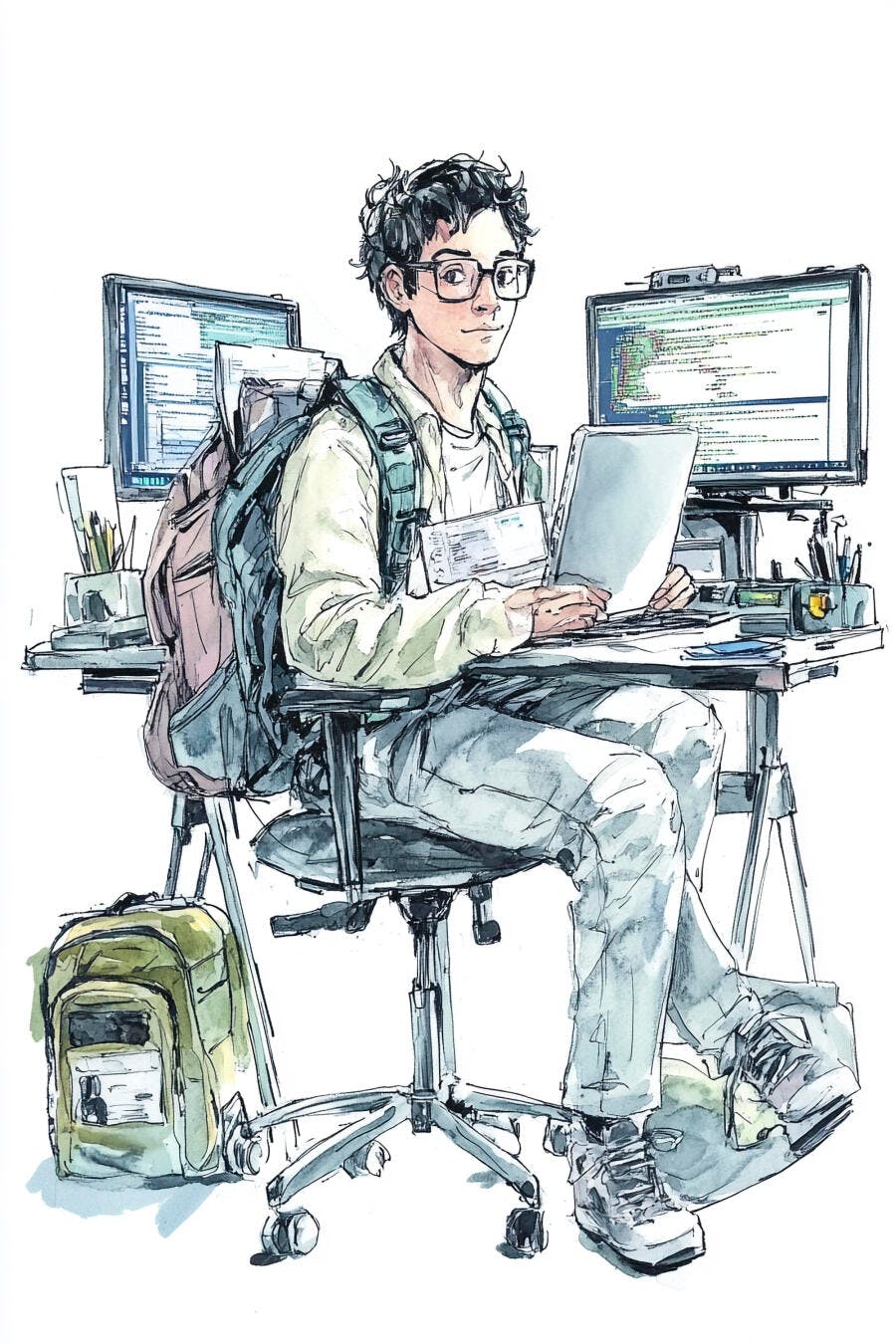 Jovem programador de óculos trabalhando em notebook com dois monitores