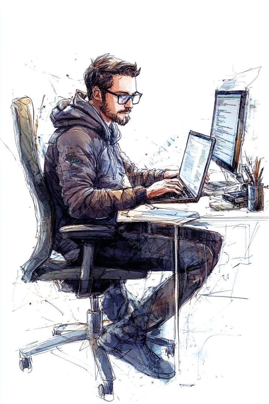 Homem desenvolvedor barbudo de óculos trabalhando em laptop no escritório