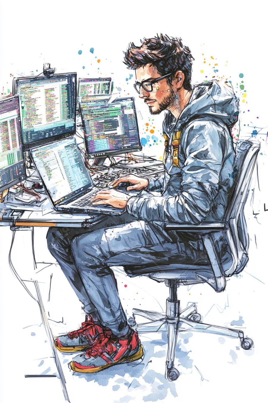 Homem programador jovem focado em múltiplos monitores com hoodie cinza