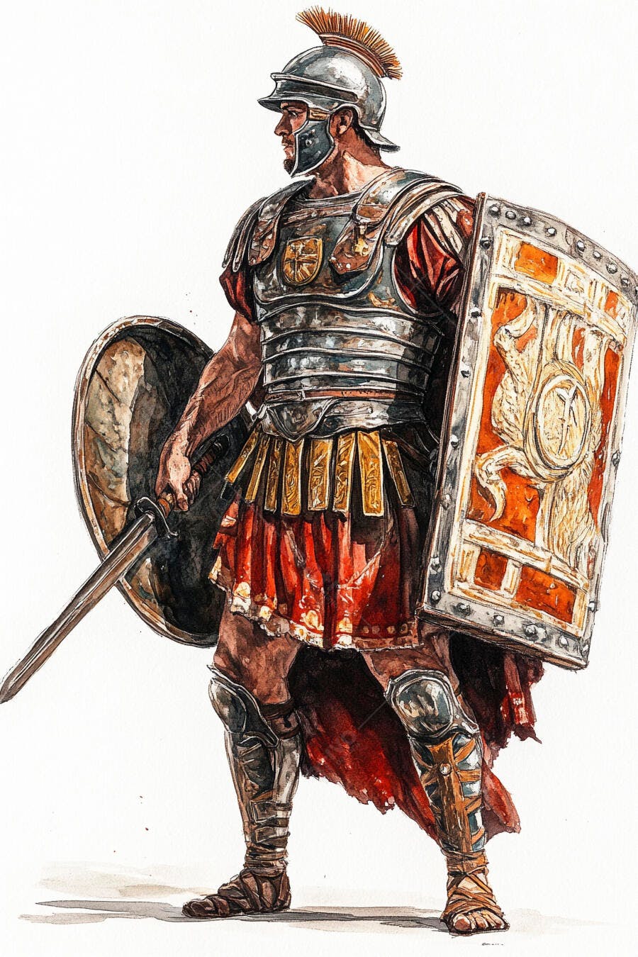 Guerreiro romano em armadura prateada e vermelha com escudo e espada