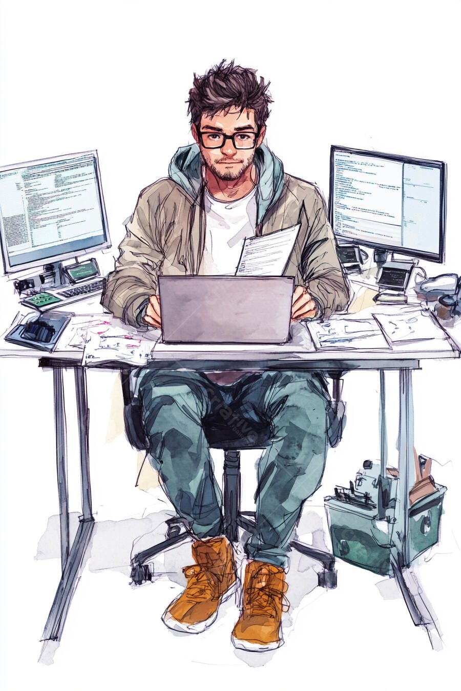 Homem caucasiano programador com óculos trabalhando no laptop e monitores