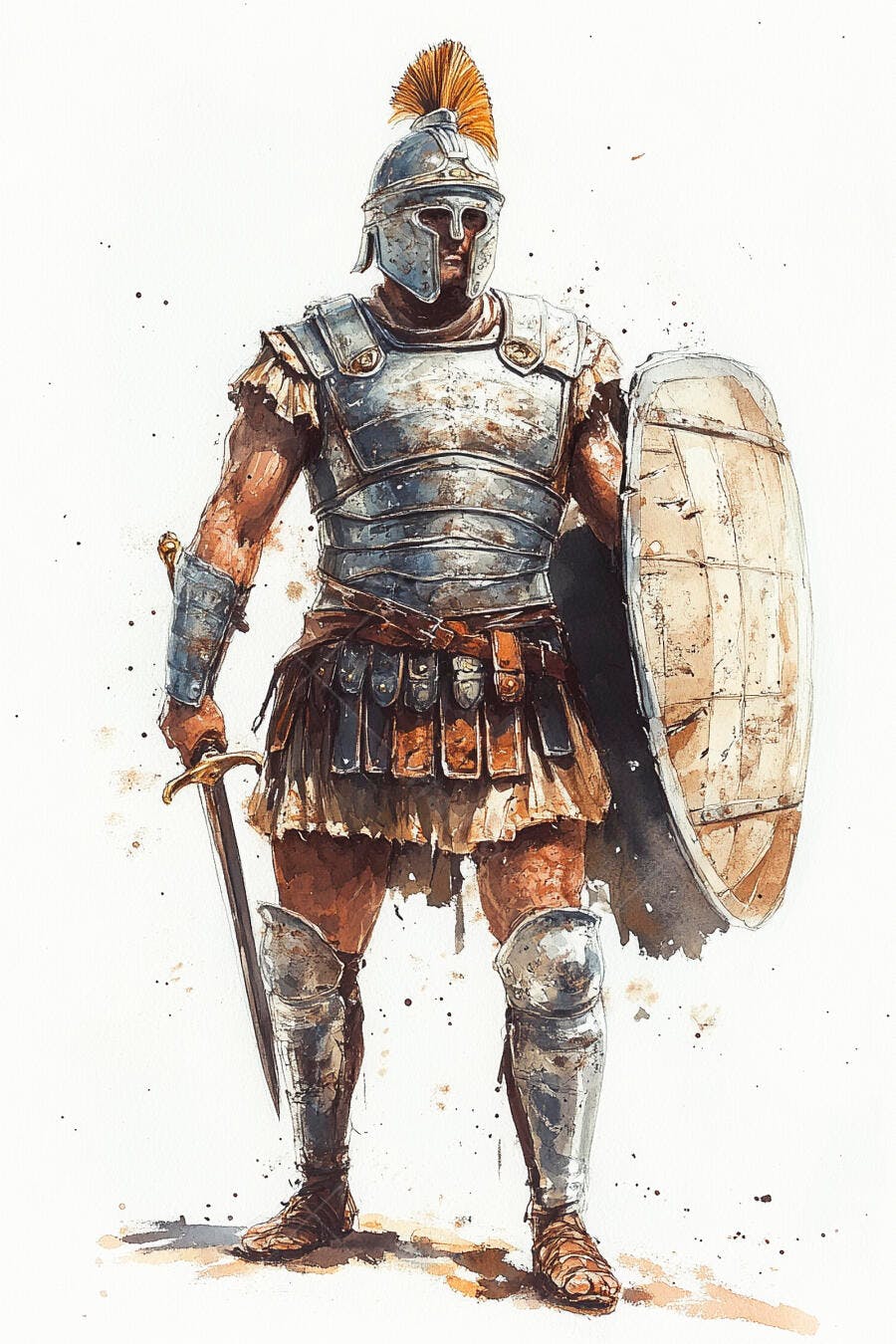 Soldado romano com armadura de metal espada e escudo em aquarela